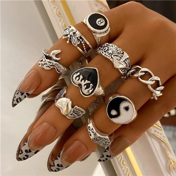 Vintage Silver Open Punk Rings for Men Women, 24PCS Adjustable Rings, Alt Rings - Picture 4 of 8